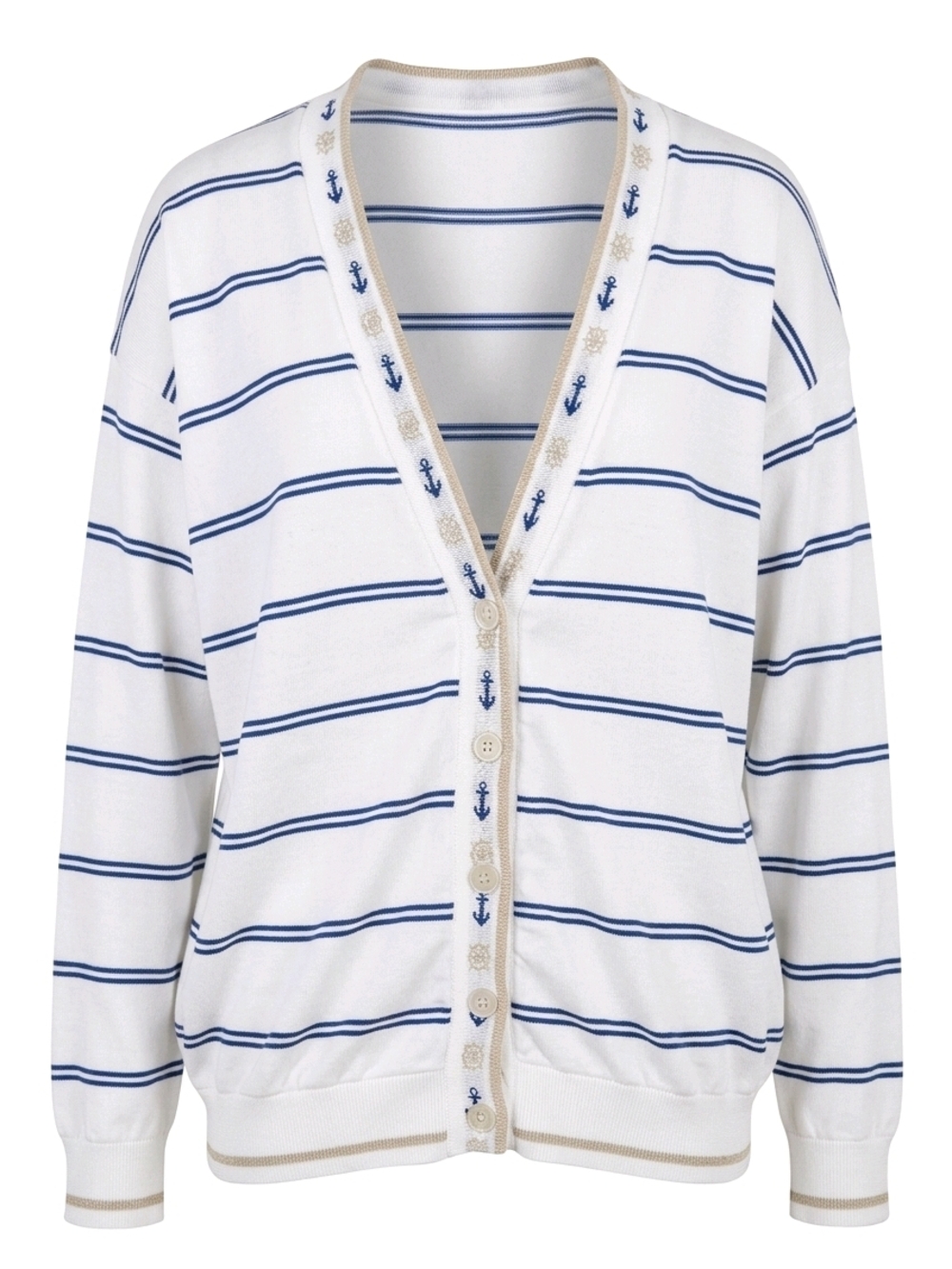 Striped Anchors V-Neck Button Cardigan - White & Blue